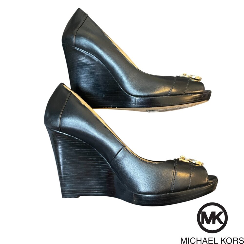 MICHAEL KORS Hamilton Black Leather Platform Wedge Heels Open Toe 9M Y2K - Picture 3 of 4